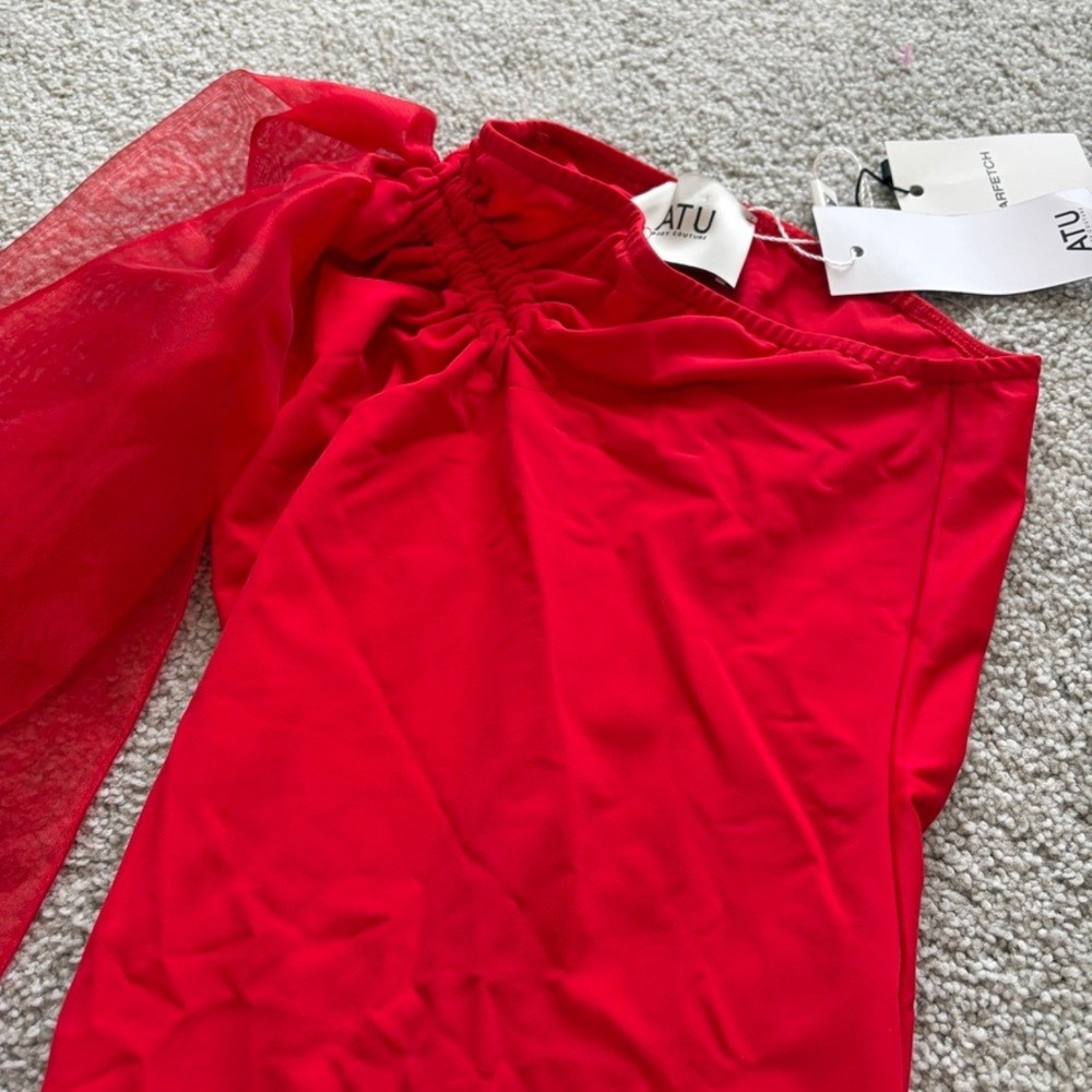 ATU Body Couture Bow Shoulder Catsuit Jumpsuit Womens XS Red Asymmetric Bold - Picture 2 of 10
